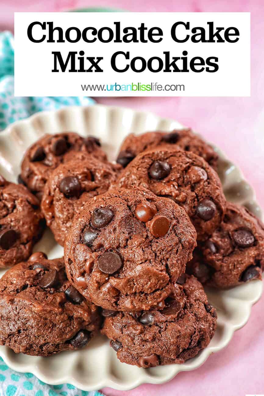 several chocolate cake mix cookies on a scalloped cream colored plate on pink table with title text overlay.