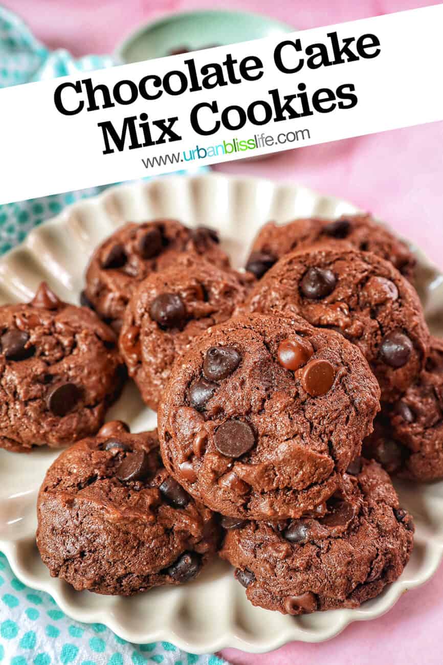 several chocolate cake mix cookies on a scalloped cream colored plate on pink table with title text overlay.