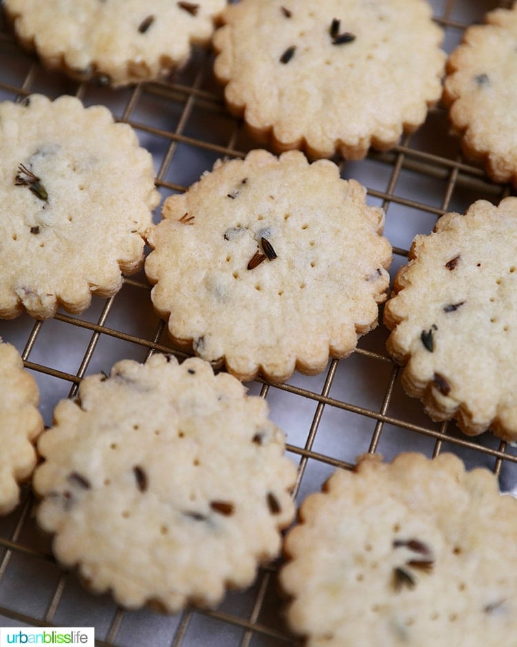 close up of lavender shortbread cookies cooling