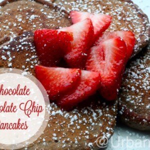 Chocolate chocolate chip pancakes are a decadent, delicious way to celebrate special mornings! Recipe on UrbanBlissLife.com
