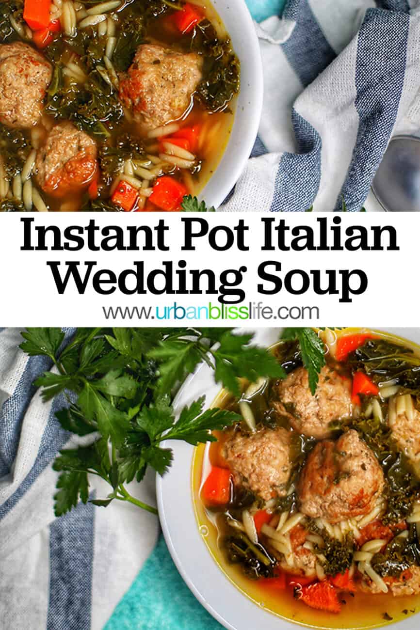 two bowls of Instant Pot Italian Wedding Soup with title text