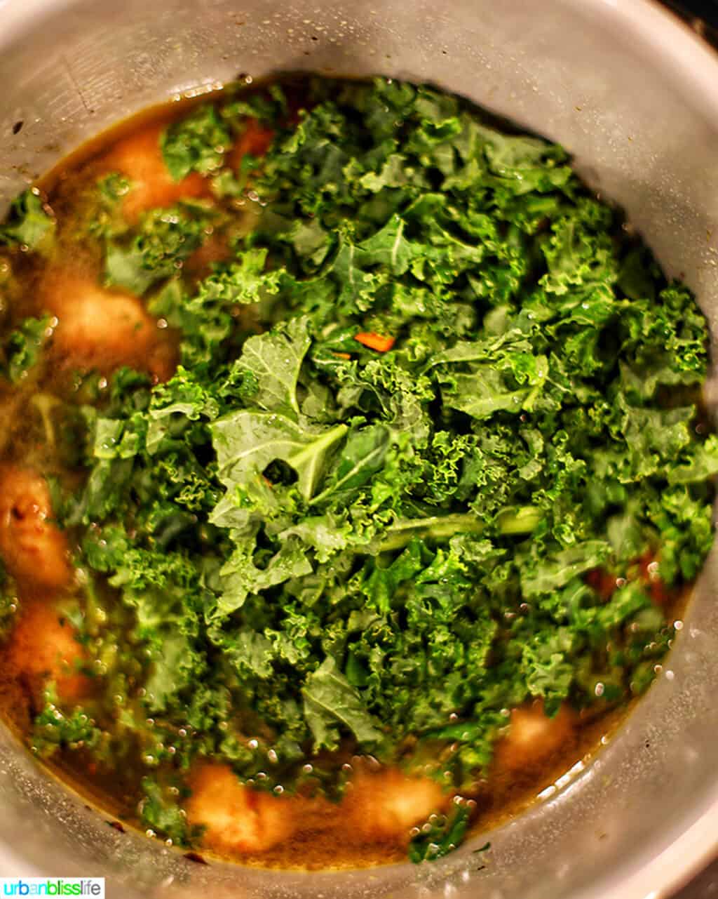 kale on top of Italian Wedding Soup cooking in the Ninja Foodi electric pressure cooker