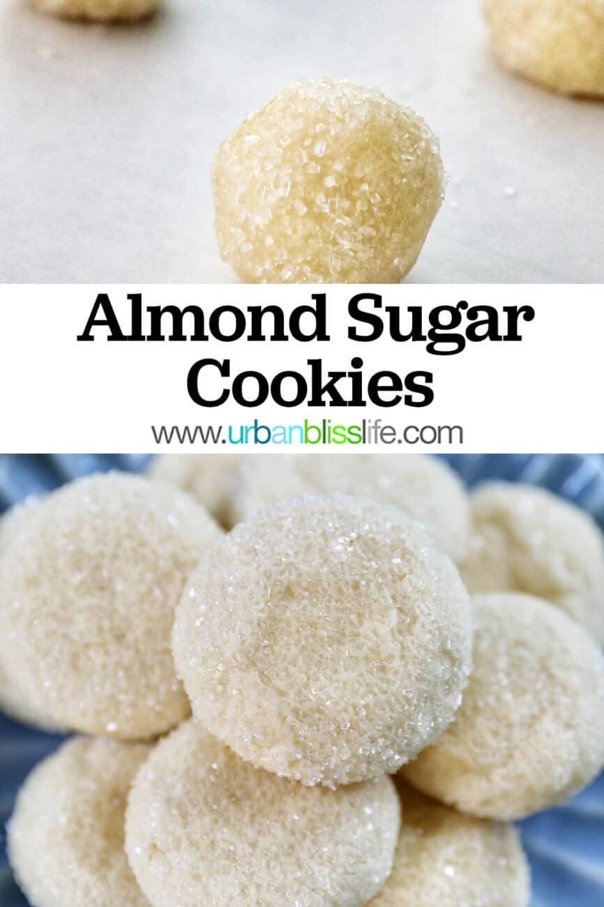 soft almond sugar cookies stacked on top of each other on a blue plate with title text overlay.