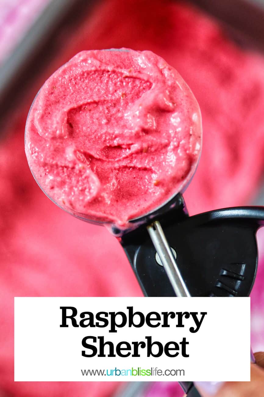 large ice cream scoop filled with raspberry sherbet with pan of sherbet in the background and title text overlay.