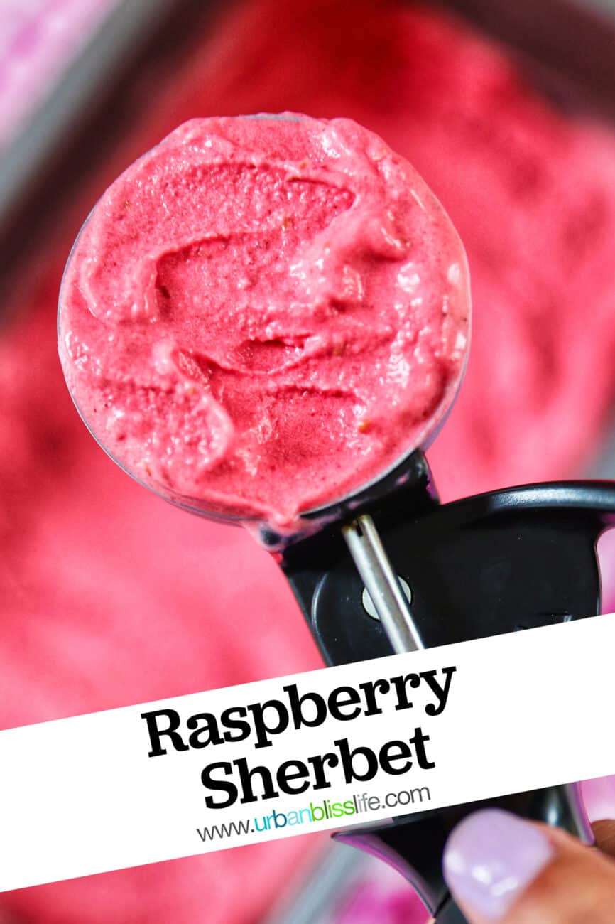 large ice cream scoop filled with raspberry sherbet with pan of sherbet in the background and title text overlay.