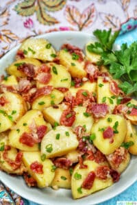 farther away photo of bowl of baby potato salad with bacon