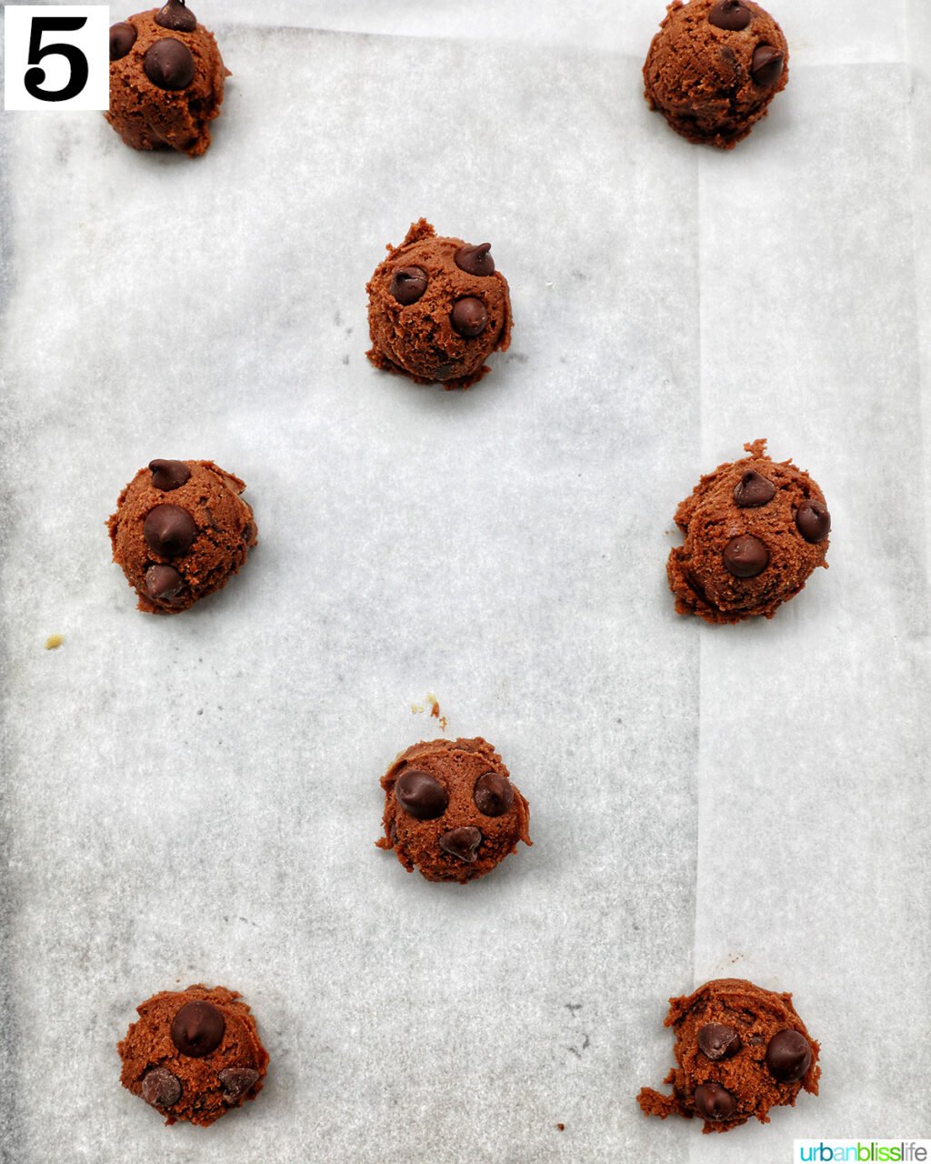 double chocolate coffee cookies on a parchment paper lined cookie sheet.