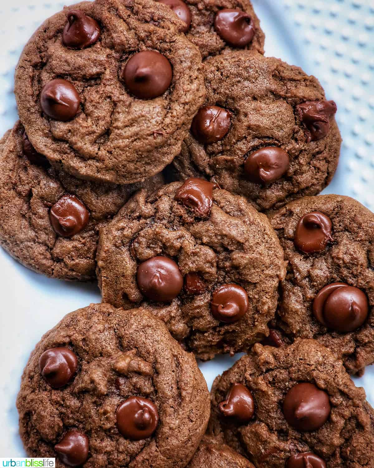 several double chocolate coffee cookies layered on a white plate.