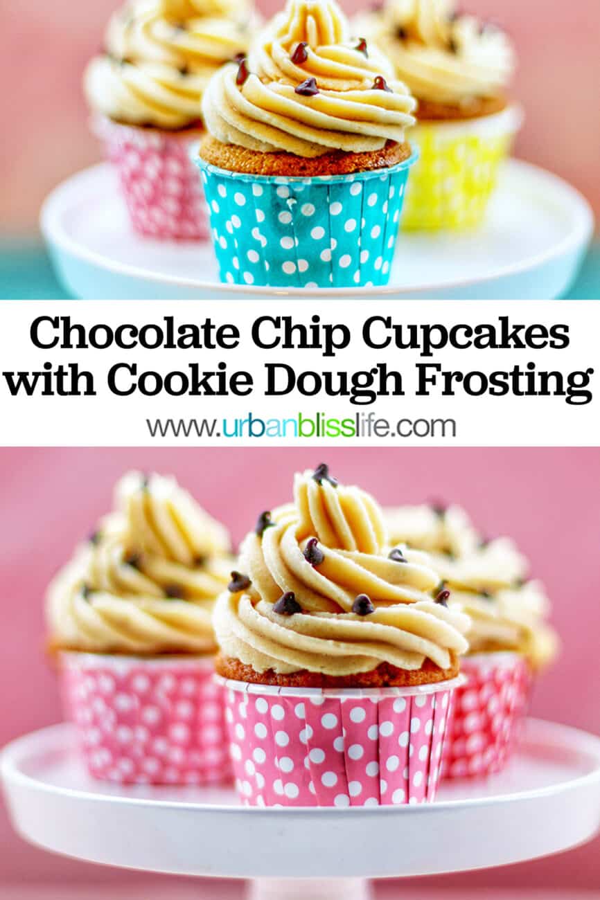 chocolate chip cupcakes with cookie dough frosting in blue, pink, and yellow cups on a pedestal.