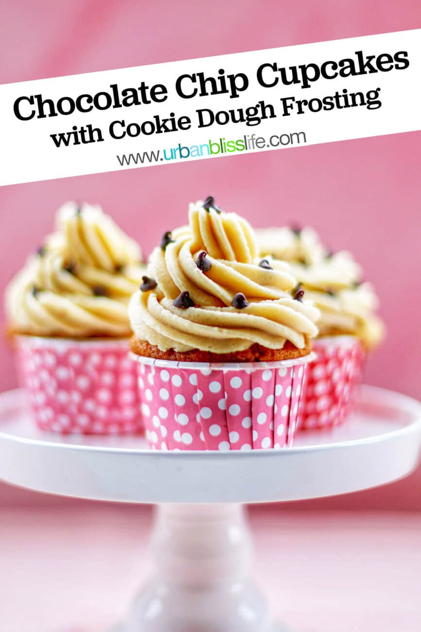 Chocolate Chip Cupcakes with Cookie Dough Frosting on white cake pedestal with pink background and title text