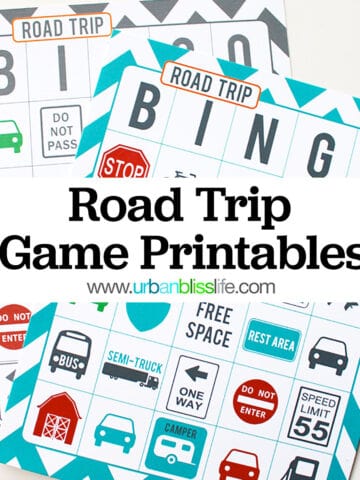 Road trip printable bingo cards with title text that reads "Road Trip Game Printables."