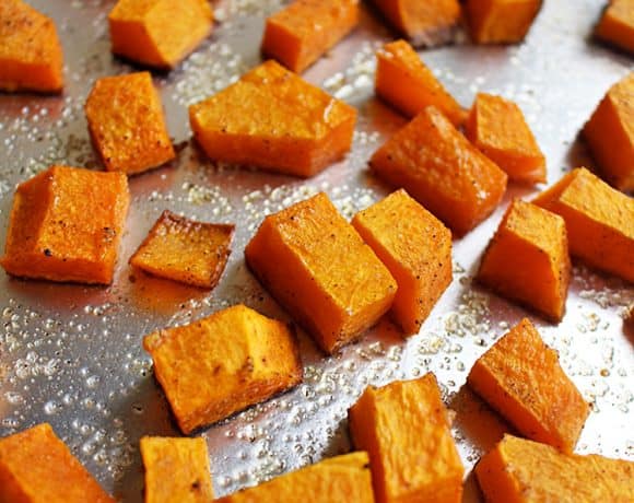 butternut squash cubes roasting pan