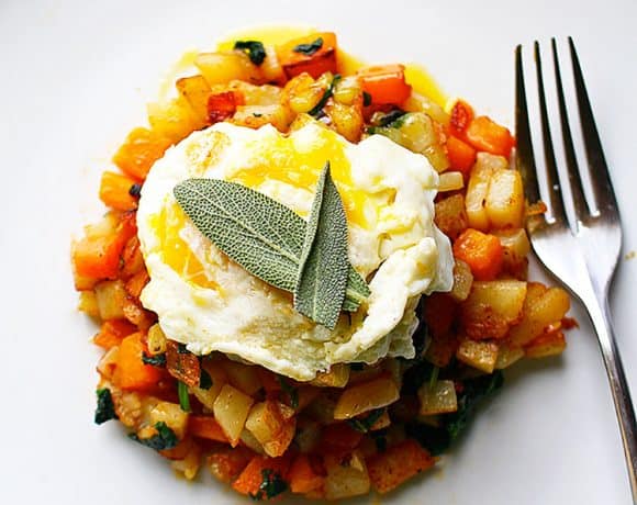 Butternut Squash Hash topped with sage and egg