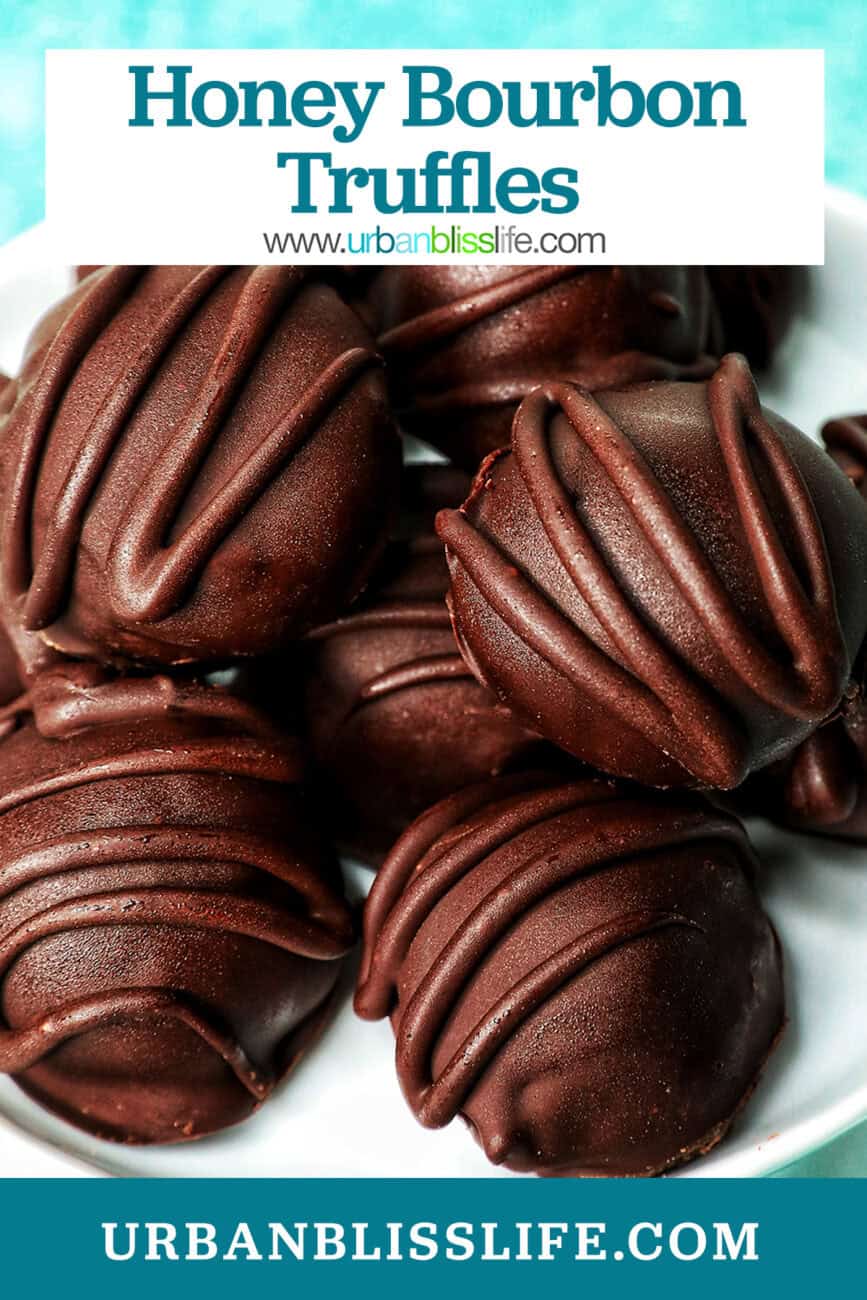 stack of chocolate honey bourbon truffles with title text overlay.
