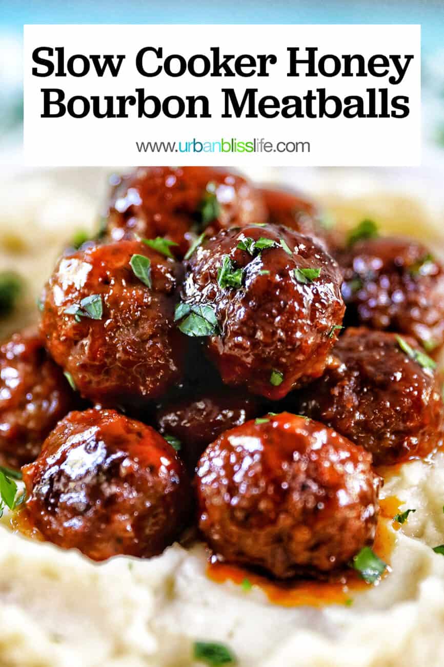 side view of several slow cooker honey bourbon meatballs on top of mashed potatoes and with chopped parsley garnish with title text overlay.