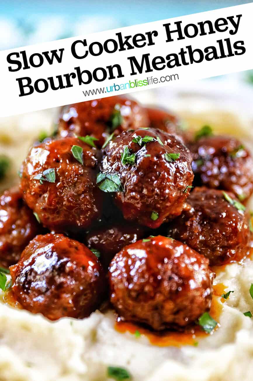 side view of several slow cooker honey bourbon meatballs on top of mashed potatoes and with chopped parsley garnish with title text overlay.