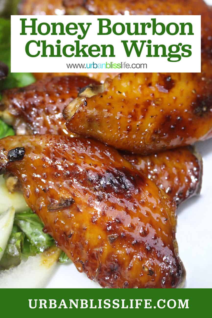 honey bourbon chicken wings on a plate with title text overlay.