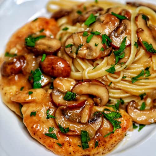 plate of classic Chicken Marsala and pasta