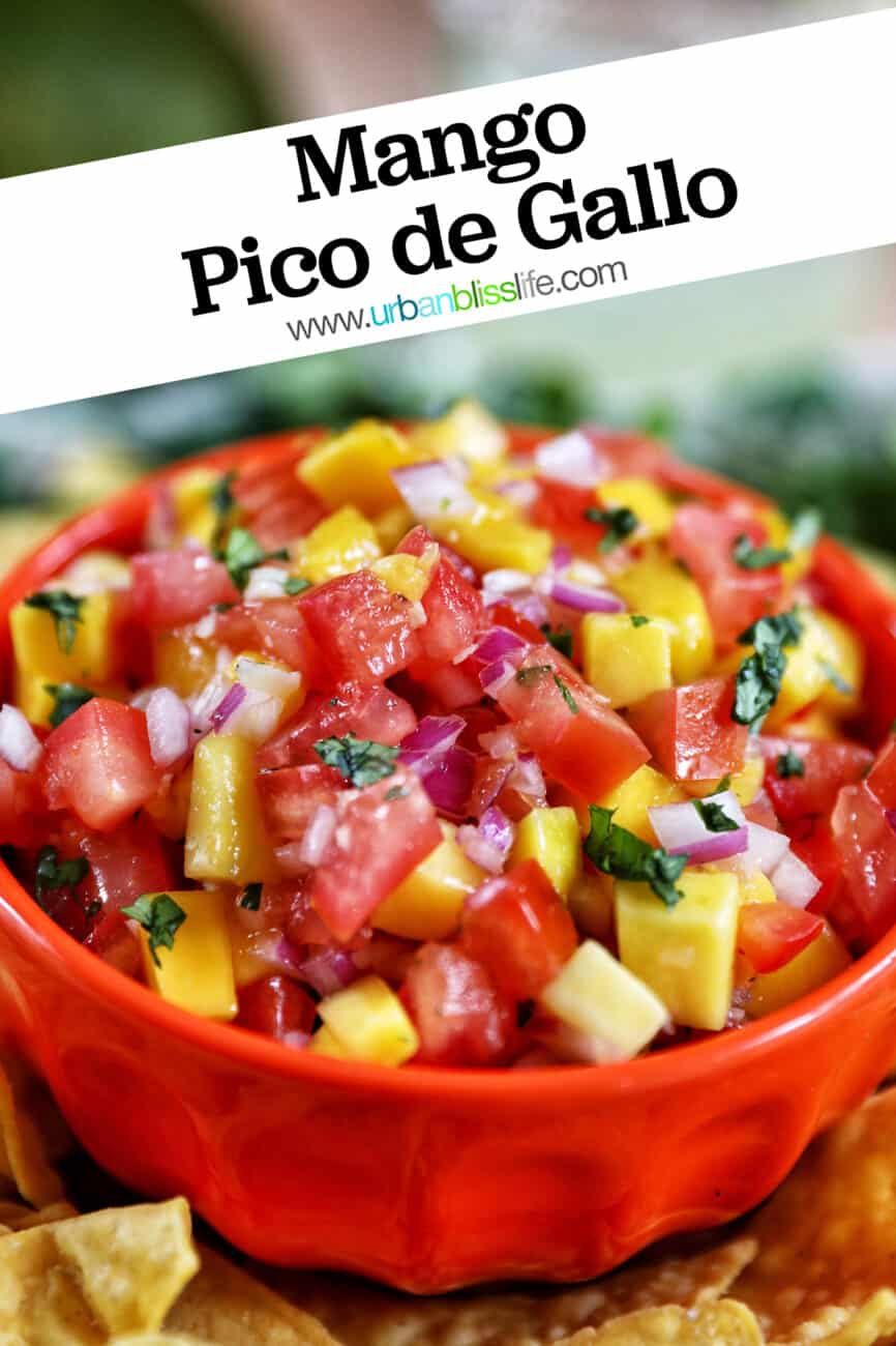 orange bowl filled with mango pico de gallo with title text overlay.