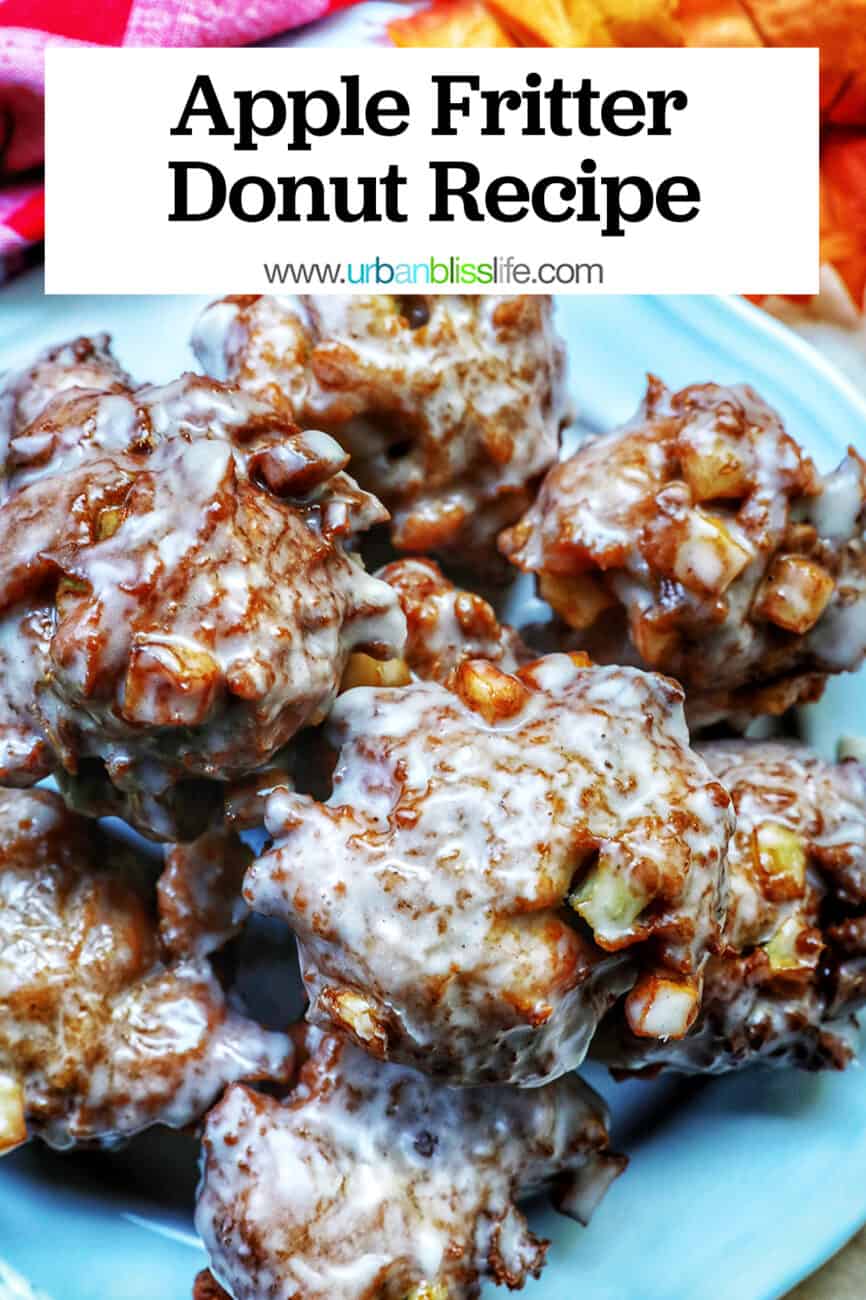 apple fritter donuts stacked on top of each other on a plate with title text.