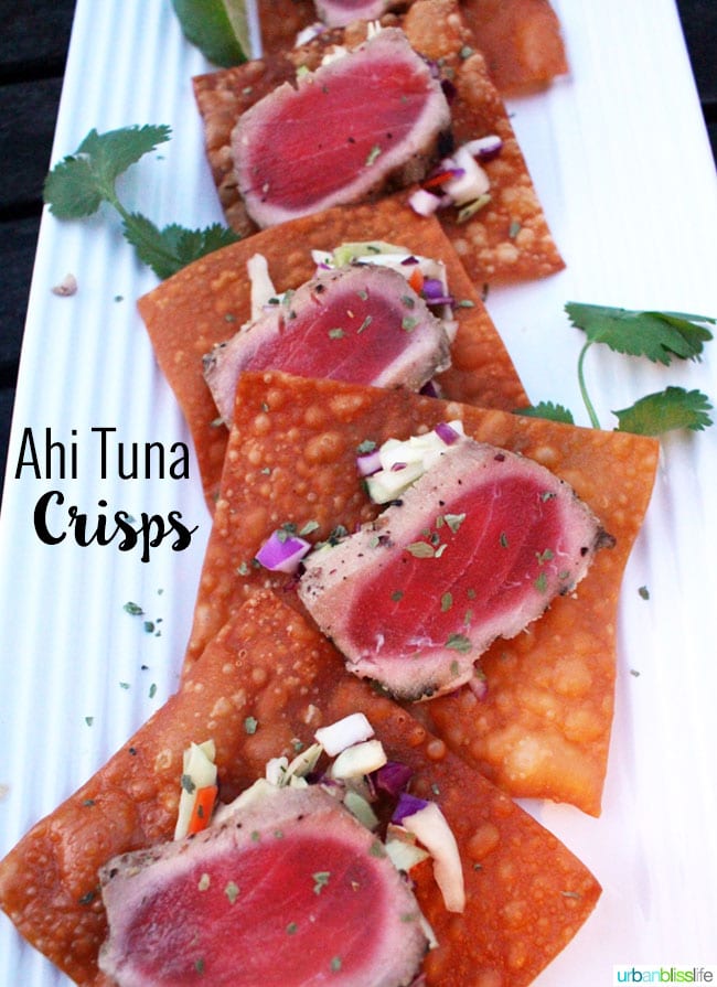 Ahi Tuna Crisp appetizers on a white platter