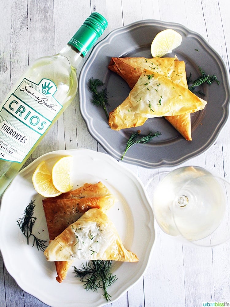 Crab puffs and mushroom stuffed pastry appetizers and crios wine