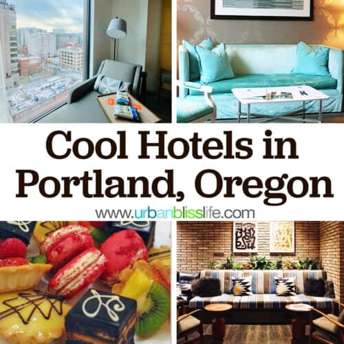 four photos of Portland hotels: room view, sitting area, fruit tray, and business center with title text that reads "Cool hotels in Portland, Oregon"