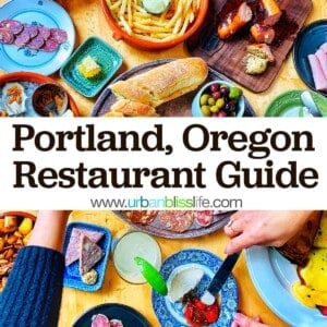 colorful food spread from Olympia Provisions restaurant with title text that reads "Portland, Oregon Restaurant Guide"