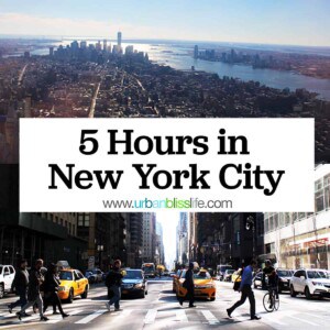 New York city skyline and street scene with title text that reads "5 Hours in New York City."