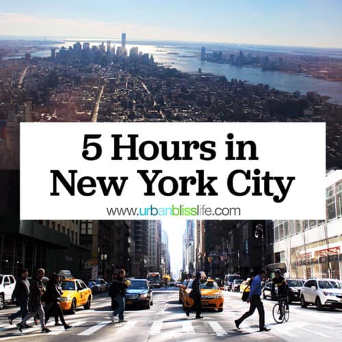 New York city skyline and street scene with title text that reads "5 Hours in New York City."
