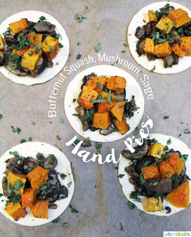 Vegetarian Hand Pies with Butternut Squash, Mushroom, Sage open-faced on top of parchment paper.