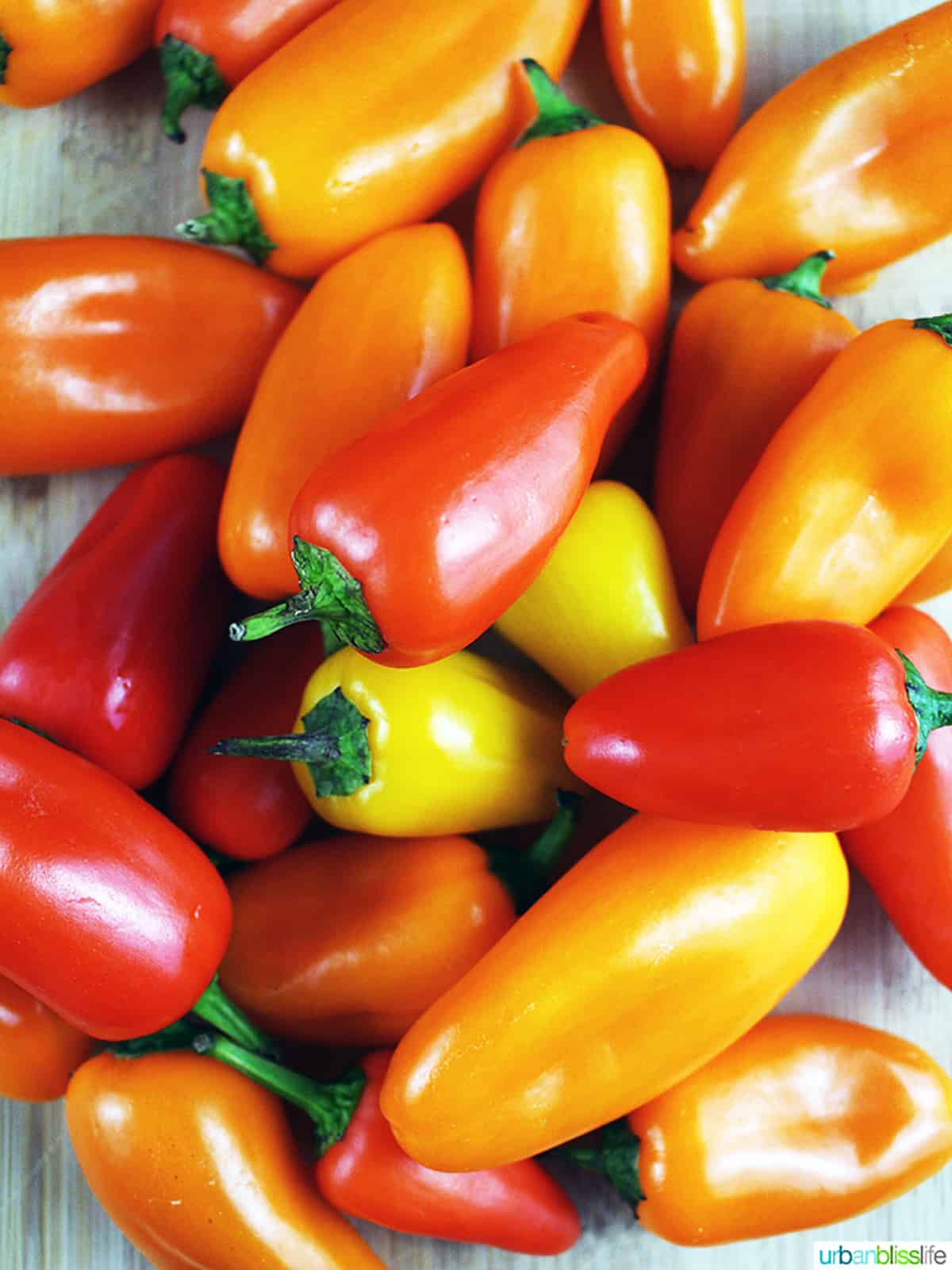 red, orange, and yellow peppers to make sweet chili dipping sauce.