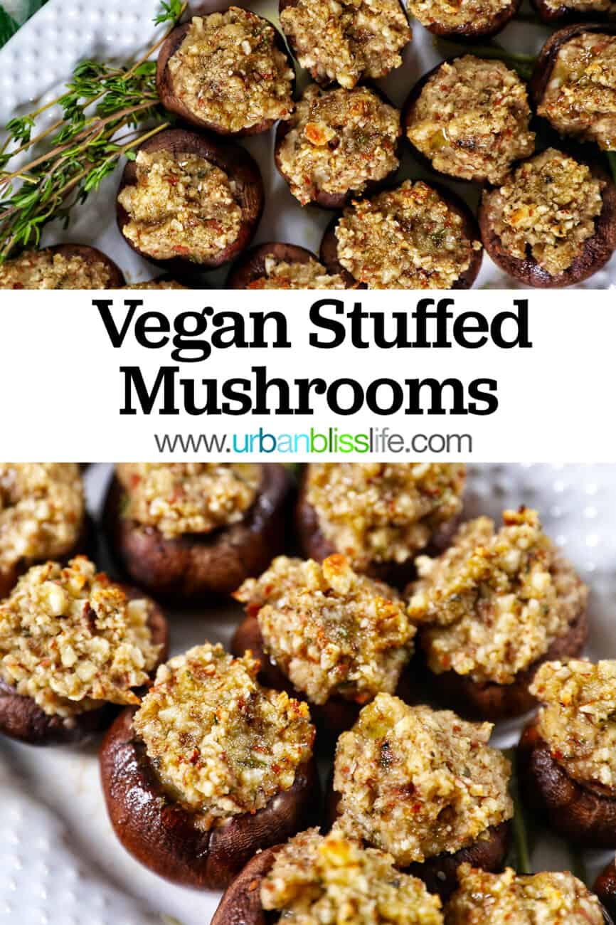 Vegan Stuffed Mushrooms close together on a white plate with title text overlay.