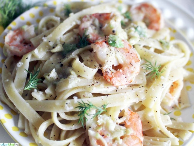 Shrimp Fettucine with Creamy Avocado Sauce recipe on UrbanBlissLife.com