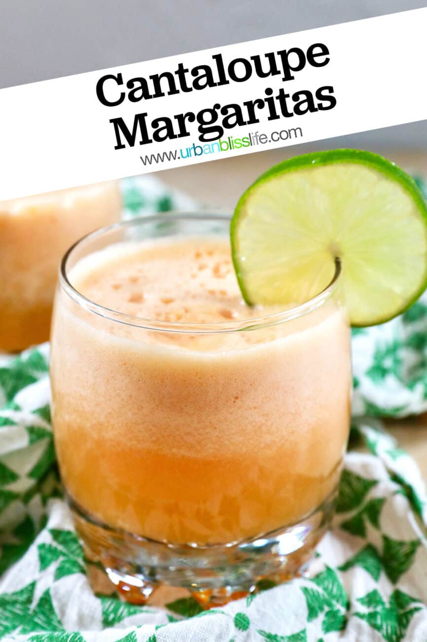 two glasses of cantaloupe melon margarita with lime slice garnish and title text overlay.