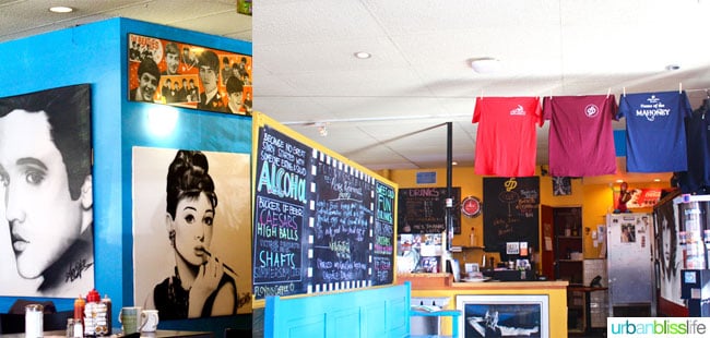 colorful interior with posters on walls at Floyd's Diner in Victoria British Columbia, Canada.