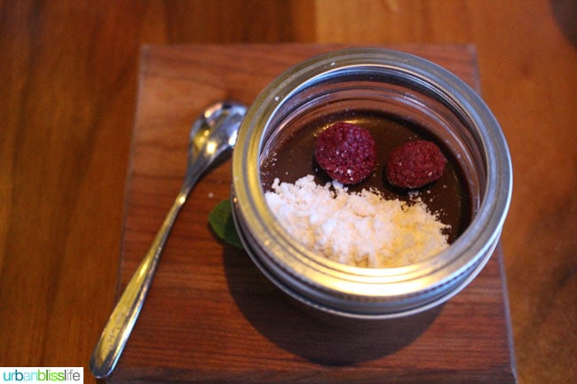 dark chocolate pot de creme at Lure Restaurant in Victoria British Columbia, Canada.