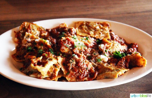 plate of Italian pasta dish with red sauce.