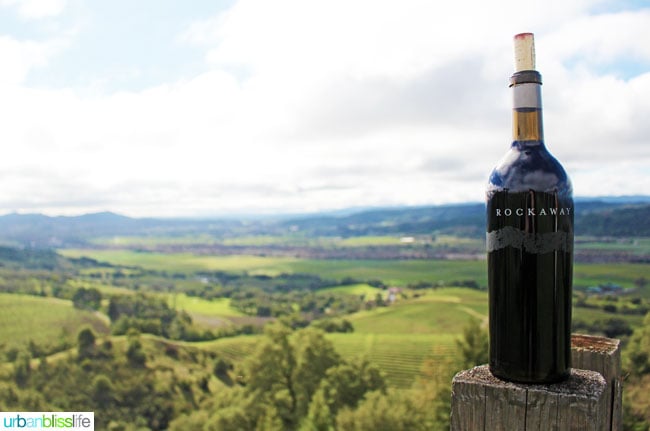 bottle of rockaway wine with beautiful green vineyard views in background.