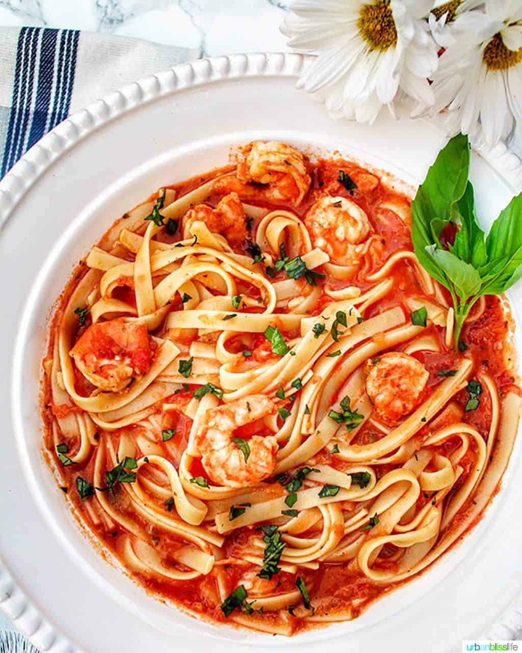big bowl of shrimp fettuccine