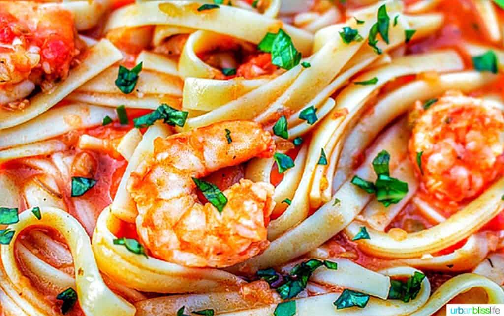closeup photo of shrimp fettuccine with vodka sauce