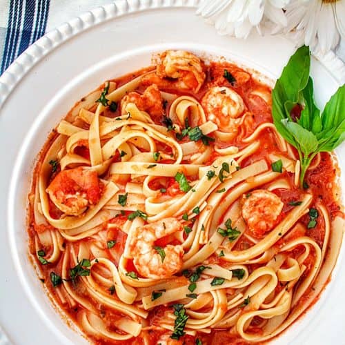 big bowl of shrimp fettuccine