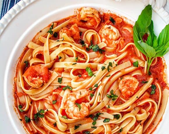 big bowl of shrimp fettuccine