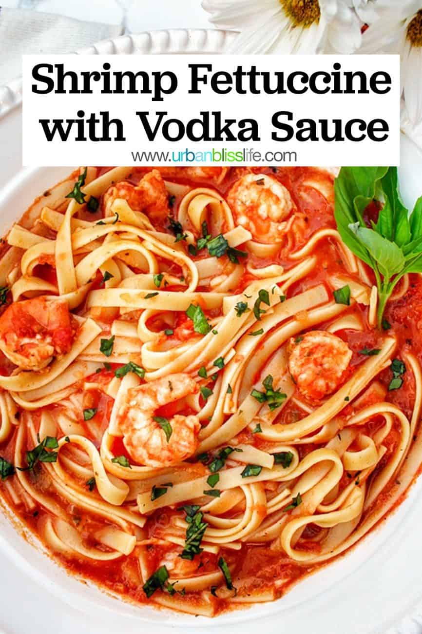 big bowl of shrimp fettuccine with title text overlay