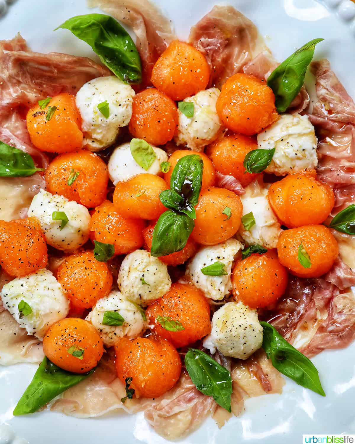 cantaloupe mozzarella prosciutto basil caprese salad on a white plate.