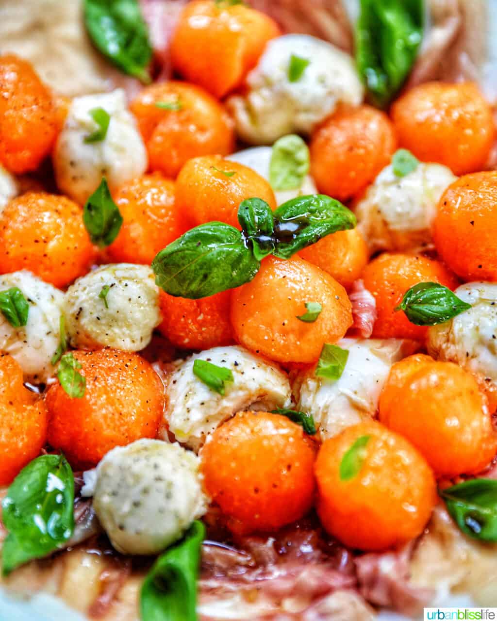 cantaloupe mozzarella prosciutto basil caprese salad on a white plate.