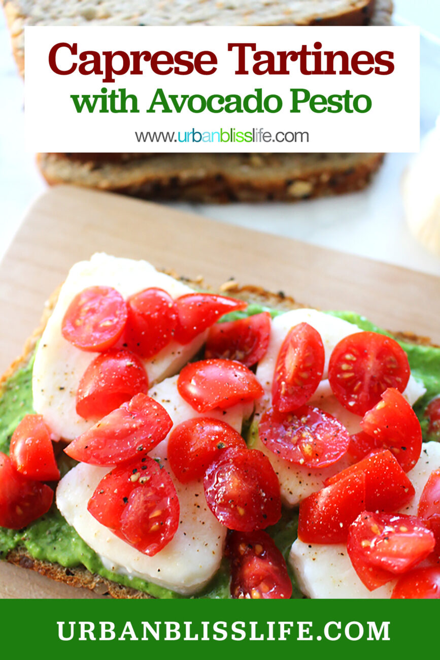 caprese tartine with text overlay
