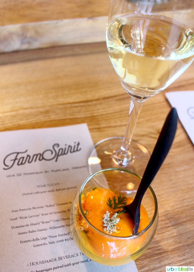 glass of white wine at Farm Spirit in Portland, Oregon