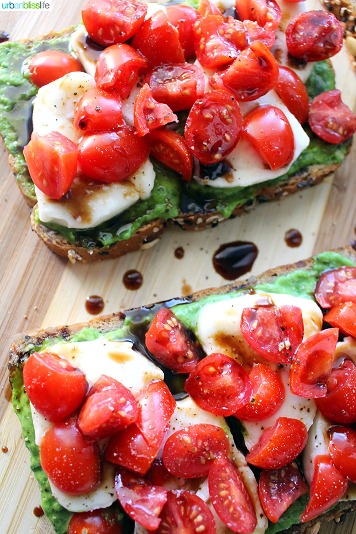 caprese tartine with balsamic drizzle