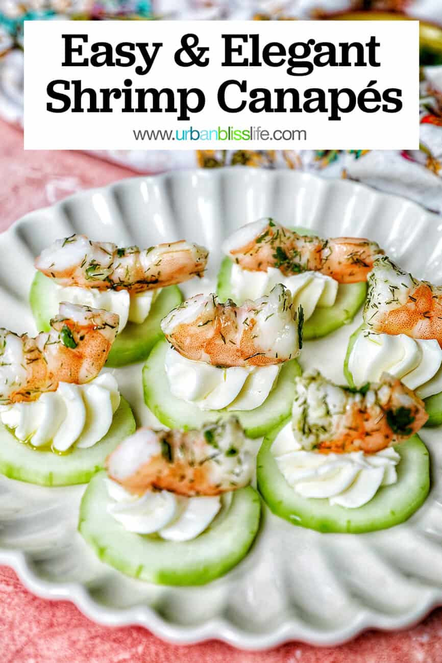 shrimp cucumber cream cheese appetizers on a scalloped plate with title text overlay.